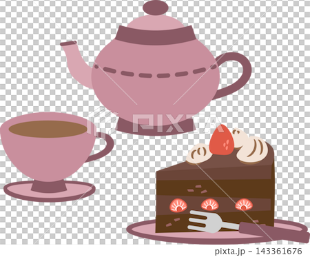 Illustration set of chocolate cake, teacup, and teapot Illustration set of chocolate cake, teacup, and teapot 143361676