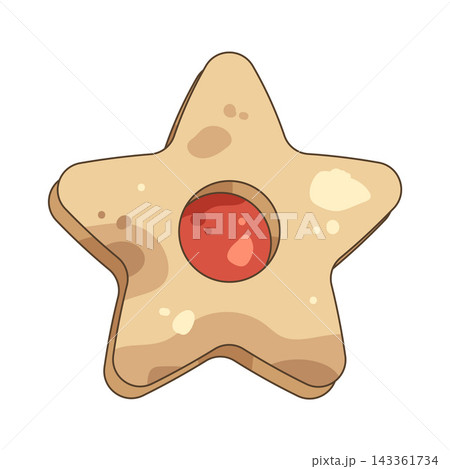 Illustration of star shaped cookie with red jam filling Illustration of star shaped cookie with red jam filling 143361734