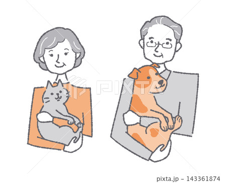 猫を抱っこする笑顔のシニア女性と犬を抱っこするシニア男性のカップル 猫を抱っこする笑顔のシニア女性と犬を抱っこするシニア男性のカップル 143361874