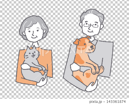 猫を抱っこする笑顔のシニア女性と犬を抱っこするシニア男性のカップル 猫を抱っこする笑顔のシニア女性と犬を抱っこするシニア男性のカップル 143361874