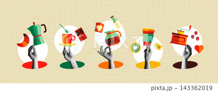 Coffee Shop icons and human hands in retro collage vector illustration set 143362019