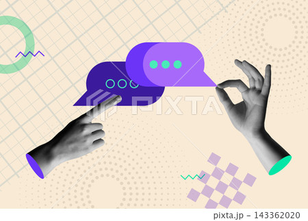 Talk message bubble chat icon and hands in retro collage vector illustration 143362020