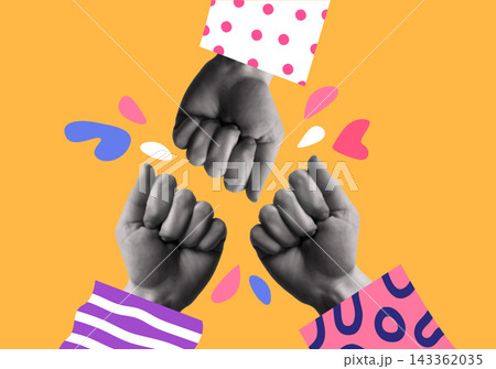 Friendship fist bump hands in retro collage vector illustration 143362035