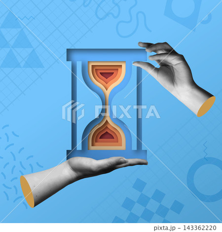Colorful hourglass sand clock and hands in retro collage vector illustration 143362220