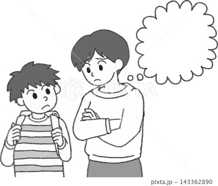 手書き風フルカラーイラスト 子育てや教育に悩む母親と小学生の男の子 吹き出し付き（親子の悩み・育児ス 143362890