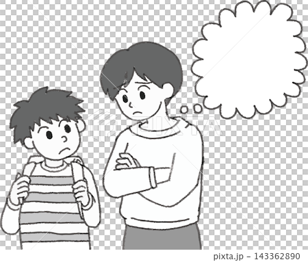 手書き風フルカラーイラスト 子育てや教育に悩む母親と小学生の男の子 吹き出し付き（親子の悩み・育児ス 143362890