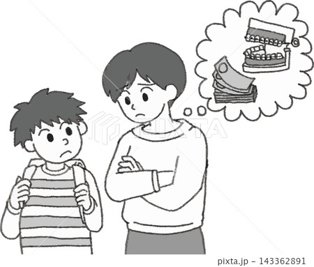 子どもの歯の矯正や費用に悩む母親と小学生の男の子の白黒イラスト 吹き出し付き 手書き風デフォルメ（小 143362891