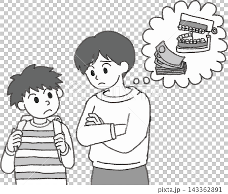 子どもの歯の矯正や費用に悩む母親と小学生の男の子の白黒イラスト 吹き出し付き 手書き風デフォルメ（小 143362891