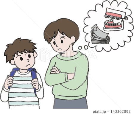 子どもの歯の矯正や費用に悩む母親と小学生の男の子のフルカラーイラスト 吹き出し付き 手書き風デフォル 143362892