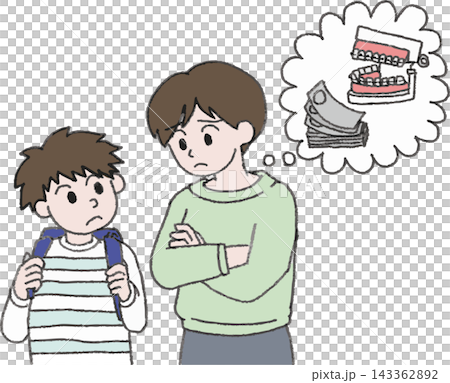 子どもの歯の矯正や費用に悩む母親と小学生の男の子のフルカラーイラスト 吹き出し付き 手書き風デフォル 143362892