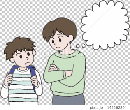 一幅全彩插圖，描繪了一位母親在育兒和教育方面遇到的困難，以及她的小學生兒子，配有對話框和手繪風格化的插圖（父母和孩子）。 143362894