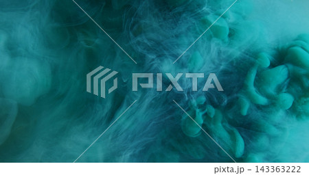 Steam texture. Watercolor ink. Blue green paint splash liquid spill on wet abstract background. Colorful art defocused dye fog mix. 143363222