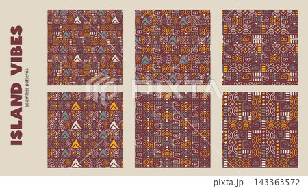 Ethnic Tiki Seamless Patterns with Polynesian Ornament Set 143363572