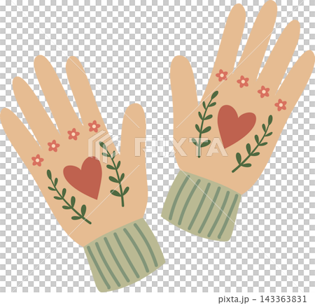 Illustration of a pair of cozy light beige winter gloves or mittens with a large terracotta-red heart, in a charming cottage-core pattern design. Illustration of a pair of cozy light beige winter gloves or mittens with a large terracotta-red heart, in a charming cottage-core pattern design. 143363831