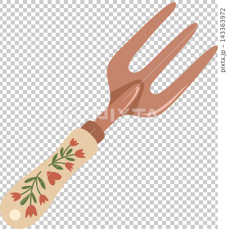 Illustration of a vintage-style hand fork or cultivator designed with a rustic floral pattern handle and terracotta-pink metal head. Illustration of a vintage-style hand fork or cultivator designed with a rustic floral pattern handle and terracotta-pink metal head. 143363972