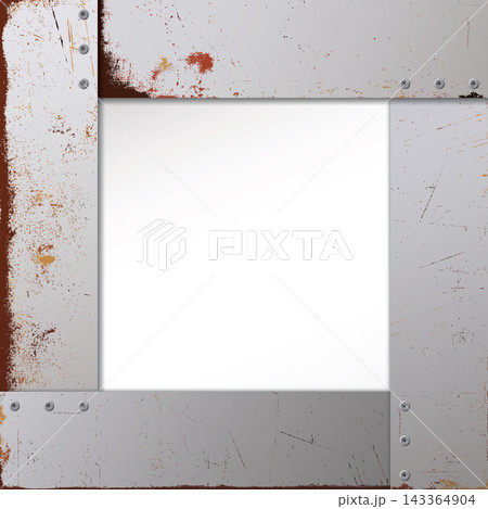 Four of old rusty metal sheet have scratches and distress texture attached by pins as a blank frame square template. 143364904