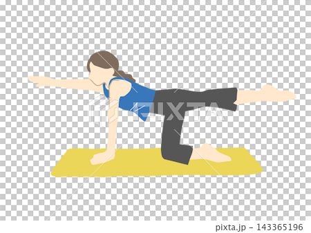 Illustration of a woman doing Pilates on a yoga mat for health maintenance. 143365196