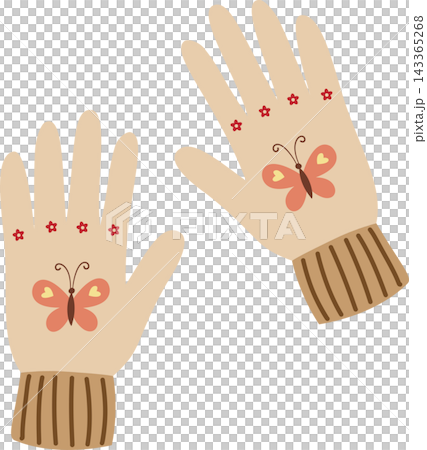 Illustration of a pair of cozy light beige winter gloves or mittens with a butterfly, in a charming cottage-core pattern design. Illustration of a pair of cozy light beige winter gloves or mittens with a butterfly, in a charming cottage-core pattern design. 143365268
