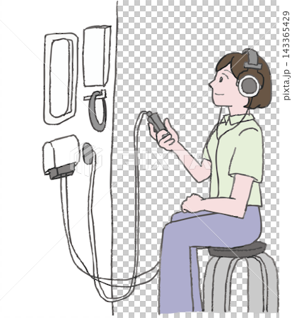 全彩插圖,描繪了一個人正在接受聽力測試,手繪風格(聽力測試、測聽、耳鼻喉科) 全彩插圖,描繪了一個人正在接受聽力測試,手繪風格(聽力測試、測聽、耳鼻喉科) 143365429