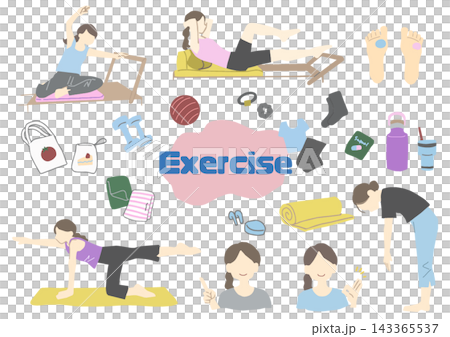 A set of people doing exercises such as Pilates to maintain their health. A set of people doing exercises such as Pilates to maintain their health. 143365537