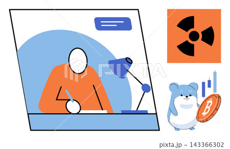 A person working at a desk and a hamster holding a bitcoin coin vector illustration. Remote work, digital finance, crypto trading, freelance career, radiation hazard, online business. Professional A person working at a desk and a hamster holding a bitcoin coin vector illustration. Remote work, digital finance, crypto trading, freelance career, radiation hazard, online business. Professional 143366302