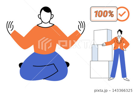 Person meditating and professional standing by boxes vector illustration. Wellness, work life balance, productivity, stress management, corporate efficiency, mental health. Employee relaxing 143366325