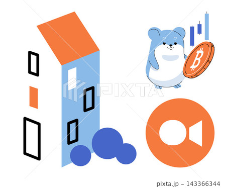 House building with a hamster holding a bitcoin coin vector illustration. Financial growth, property market, digital currency, crypto trading, asset management, investment strategy. Residential 143366344