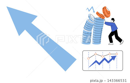 Business person stabilizing falling coin stacks with growth arrow and chart vector illustration. Economic recovery, financial crisis, market stability, investment risk, profit loss, data analysis 143366531