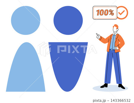 Man pointing at a hundred percent sign next to abstract human icons vector illustration. Performance, growth, success, achievement, productivity, efficiency. Businessman indicating full completion Man pointing at a hundred percent sign next to abstract human icons vector illustration. Performance, growth, success, achievement, productivity, efficiency. Businessman indicating full completion 143366532