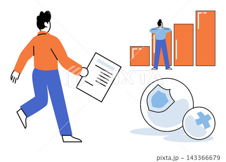 A businessman walking with documents near growth charts and insurance icons vector illustration. Financial planning, corporate strategy, risk management, investment security, professional growth 143366679