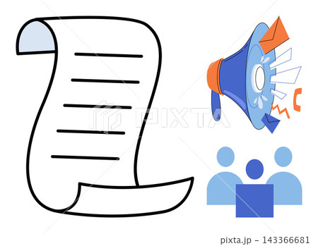 Megaphone with envelopes and document list vector illustration. Advertising, public relations, business communication, digital marketing, corporate strategy, information sharing. Loudspeaker 143366681