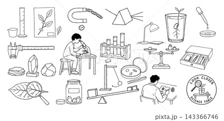 理科の実験器具と自然観察の手描き線画イラストセット 理科の実験器具と自然観察の手描き線画イラストセット 143366746