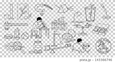 理科の実験器具と自然観察の手描き線画イラストセット 理科の実験器具と自然観察の手描き線画イラストセット 143366746
