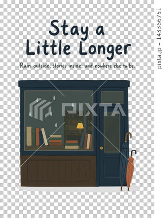 A bookstore and umbrellas on a rainy day, and wall art with English lettering. 143366751