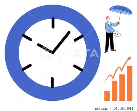 Clock with umbrella man and rising bar chart vector illustration. Productivity, insurance, financial planning, business growth, deadline management, risk protection. Chronometer with businessman Clock with umbrella man and rising bar chart vector illustration. Productivity, insurance, financial planning, business growth, deadline management, risk protection. Chronometer with businessman 143366841