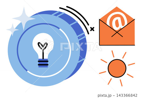 Light bulb coin email and sun icons vector illustration. Creativity, digital communication, business strategy, energy, marketing, bright ideas. Glowing currency symbol with message envelope Light bulb coin email and sun icons vector illustration. Creativity, digital communication, business strategy, energy, marketing, bright ideas. Glowing currency symbol with message envelope 143366842
