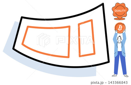 Person holding a bitcoin coin and quality stamp icon vector illustration. Cryptocurrency, finance, investment, digital money, blockchain technology, online trading. Man lifting virtual currency Person holding a bitcoin coin and quality stamp icon vector illustration. Cryptocurrency, finance, investment, digital money, blockchain technology, online trading. Man lifting virtual currency 143366843