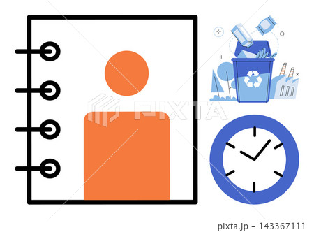 Contact book recycling bin and clock vector illustration. Organization, sustainability, time management, scheduling, waste disposal, productivity. Address directory trash container timepiece 143367111