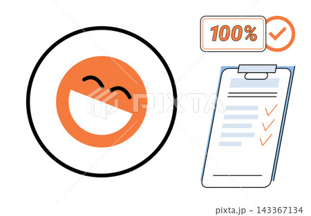Happy happy face icon with a checklist and success rating vector illustration. Quality assurance, customer satisfaction, positive feedback, task completion, performance review, achievement. Joyful Happy happy face icon with a checklist and success rating vector illustration. Quality assurance, customer satisfaction, positive feedback, task completion, performance review, achievement. Joyful 143367134