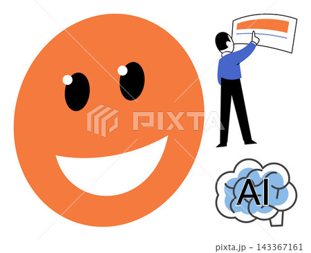 Smiling face icon with a person analyzing data and an AI brain symbol vector illustration. Technology, machine learning, digital innovation, data analysis, intelligence, automation. Happy emotion Smiling face icon with a person analyzing data and an AI brain symbol vector illustration. Technology, machine learning, digital innovation, data analysis, intelligence, automation. Happy emotion 143367161