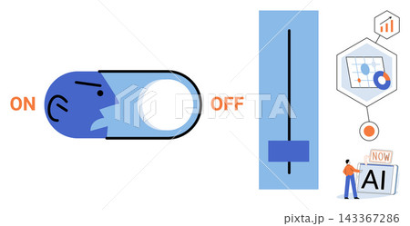 Human head toggle switch and data slider vector illustration. Automation, machine learning, digital transformation, technology management, system control, software development. AI power button Human head toggle switch and data slider vector illustration. Automation, machine learning, digital transformation, technology management, system control, software development. AI power button 143367286