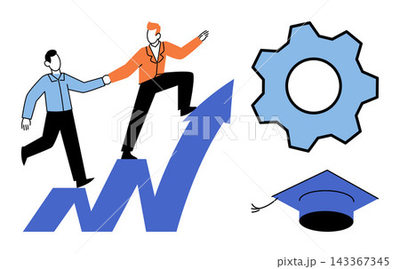 Two men climbing a rising arrow chart with gear and graduation cap icons vector illustration. Mentorship, career advancement, professional growth, education, teamwork, corporate strategy. People 143367345