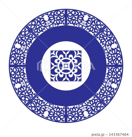 Ceramic plate with arabic pattern. Oriental round frame with arabesques and floral pattern. Template for laser cutting, textile, engraving, forging, embroidery. Vector illustration. Ceramic plate with arabic pattern. Oriental round frame with arabesques and floral pattern. Template for laser cutting, textile, engraving, forging, embroidery. Vector illustration. 143367464