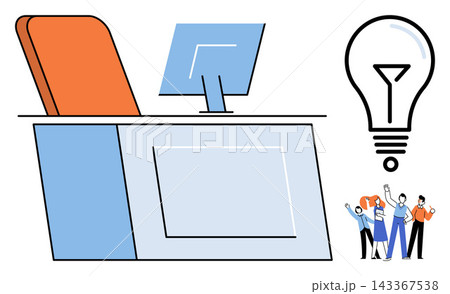 Office desk with computer monitor light bulb icon and group of employees vector illustration. Innovation, teamwork, business strategy, creative solution, brainstorming, corporate growth. Workplace Office desk with computer monitor light bulb icon and group of employees vector illustration. Innovation, teamwork, business strategy, creative solution, brainstorming, corporate growth. Workplace 143367538