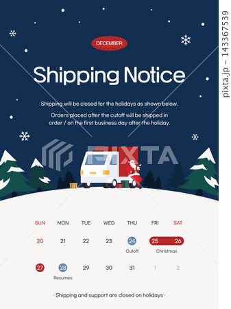 Christmas Shipping Notice Popup Banner Template with Santa Delivery Truck and December Calendar 143367539