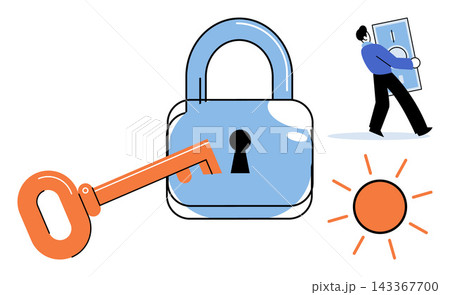 Padlock with a key and a person carrying money vector illustration. Financial safety, data protection, wealth management, investment security, savings growth, business success. Secure lock with key Padlock with a key and a person carrying money vector illustration. Financial safety, data protection, wealth management, investment security, savings growth, business success. Secure lock with key 143367700