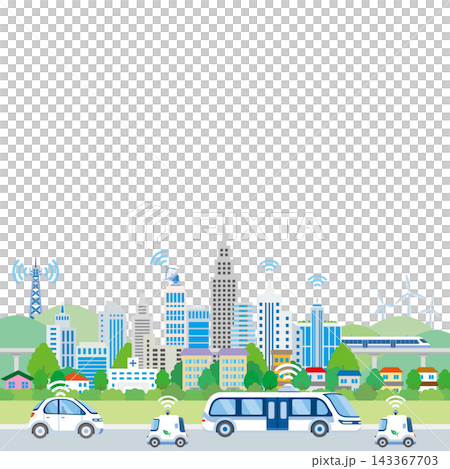 Background illustration of a smart city streetscape where 5G and communication networks are widespread. Background illustration of a smart city streetscape where 5G and communication networks are widespread. 143367703