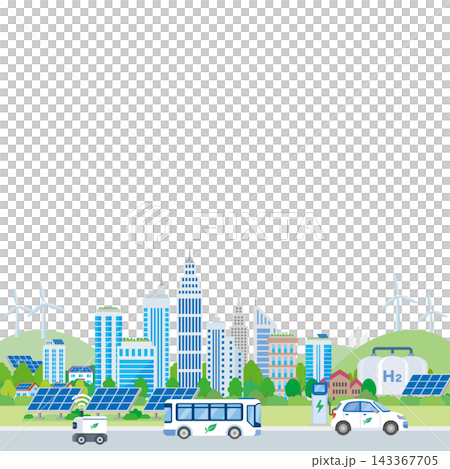 背景插圖描繪了一個環保城市景觀，其中太陽能電池板和風能等再生能源已廣泛應用。 143367705