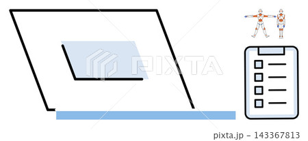 Laptop computer with medical checklist and human anatomy icons vector illustration. Digital health, remote diagnosis, patient record, online appointment, clinic software, virtual care. Computer Laptop computer with medical checklist and human anatomy icons vector illustration. Digital health, remote diagnosis, patient record, online appointment, clinic software, virtual care. Computer 143367813