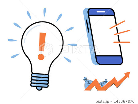 Light bulb with exclamation mark and smartphone with rising financial graph vector illustration. Startup, business strategy, digital marketing, investment, profit, success. Idea icon and mobile phone 143367870
